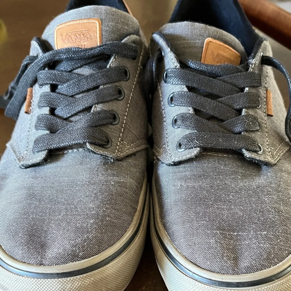 Vans Gray Canvas Low-Top Sneakers with Black Laces and Tan Heel Patch